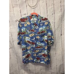 Reyn Spooner Hawaiian Shirt Men's L Blue Corvette 50th Anniversary Aloha Cars